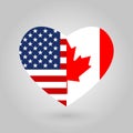 US and Canada flags icon in the heart shape. American and Canadian friendship symbol. Vector illustration.